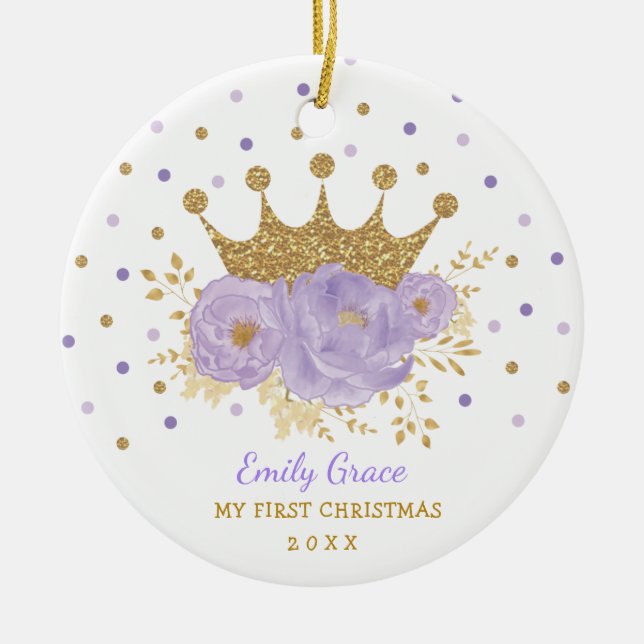 Purple Gold Crown Princess Baby First Christmas Ceramic Ornament (Front)