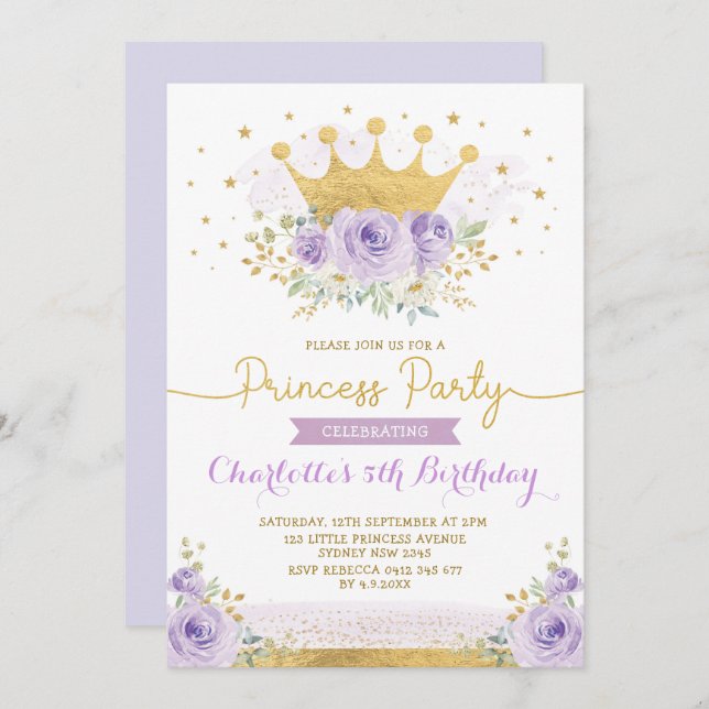 Purple Gold Crown Princess Birthday Lilac Floral Invitation (Front/Back)