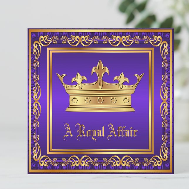 Purple Gold Crown Royal Birthday Corporate Party Invitation (Any occasion invitation. Simply add your details to the front and back.)