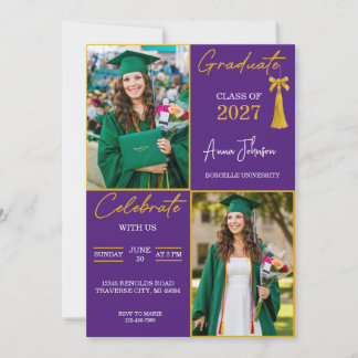 Purple & Gold Custom 2 Photo Graduation Party Invitation
