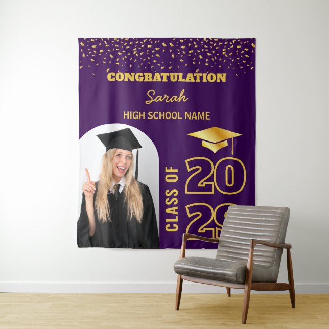 Purple & Gold Custom Graduation Backdrop & Photo Tapestry (In Situ)