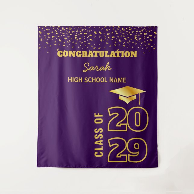 Purple & Gold Custom Graduation Party Backdrop Tapestry (Front)