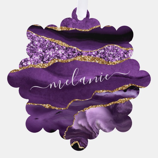 Purple Gold Custom Name Christmas Ornament Card (Front)