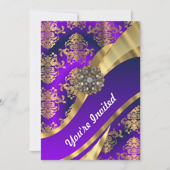 Purple & gold damask invitation (Front)