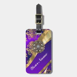 Purple & gold damask luggage tag