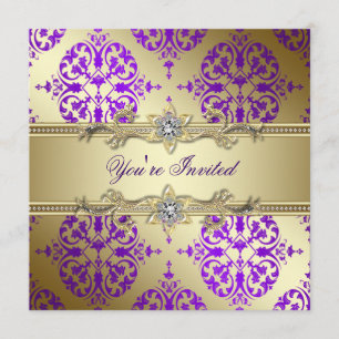 Purple Gold Damask Purple Party Invitation