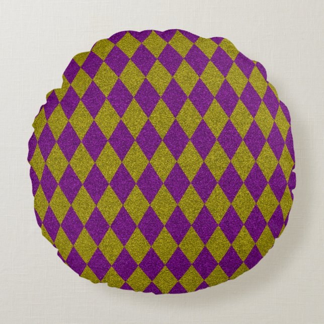 Purple & Gold Diamond Glitter Round Cushion (Front)