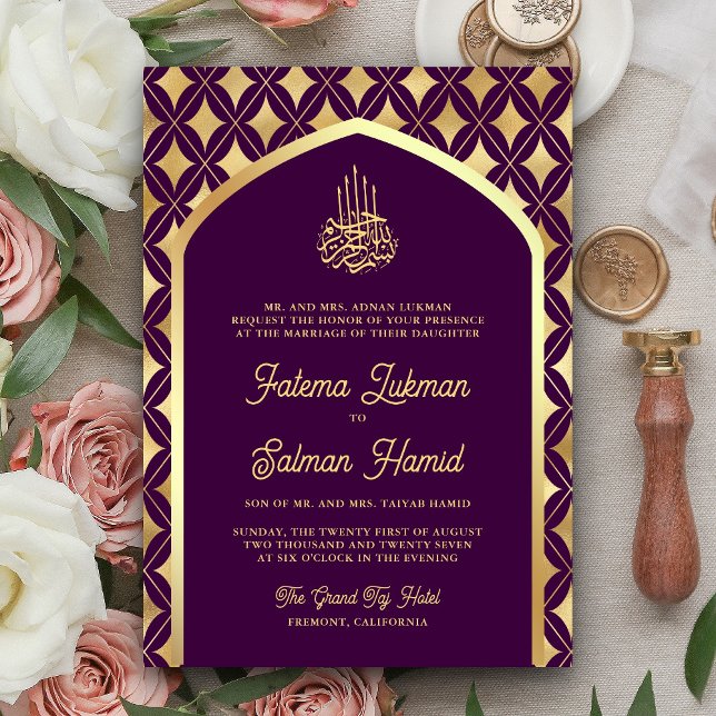 Purple Gold Diamonds Arch Muslim Wedding Invitation (Creator Uploaded)