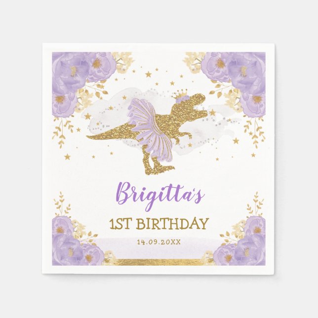 Purple Gold Dinosaur Ballerina Birthday Party Napkin (Front)