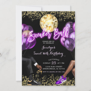 Purple Gold Disco Ball Sneaker Birthday Party Invitation