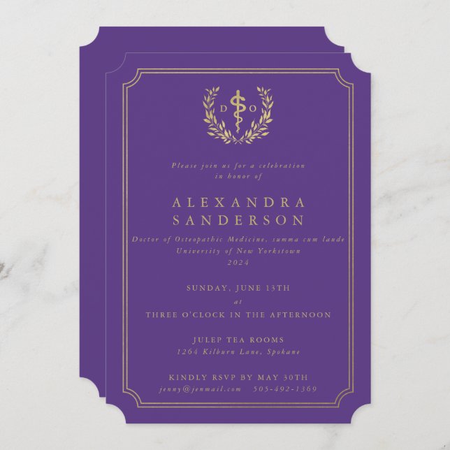 Purple/Gold Doctor of Osteopathic Medicine Grad Invitation (Front/Back)