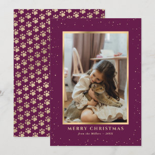 Purple Gold Dog Cat Paws Snow Photo Christmas Card