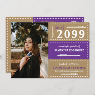 Purple & Gold Dotted Boxes and Pencils Graduation Invitation