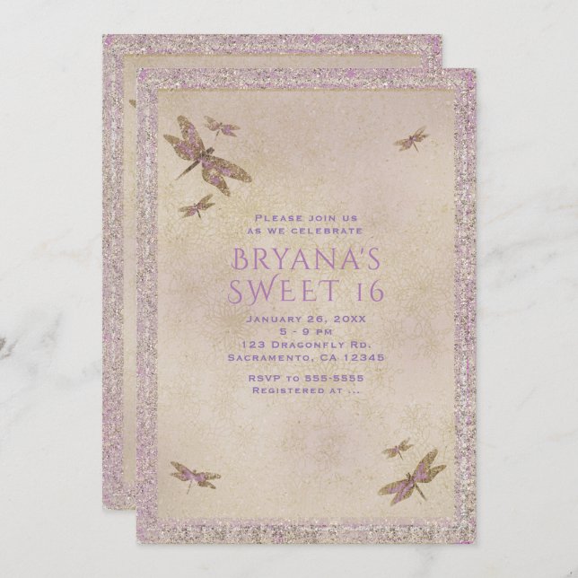 Purple & Gold Dragonflies Dragonfly Invitations (Front/Back)