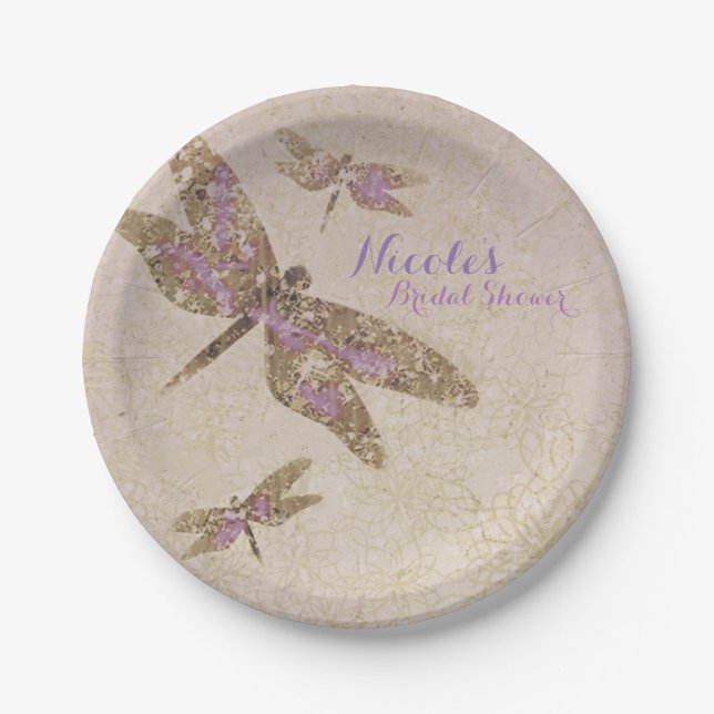 Purple & Gold Dragonflies Dragonfly Party Custom Paper Plate (Front)