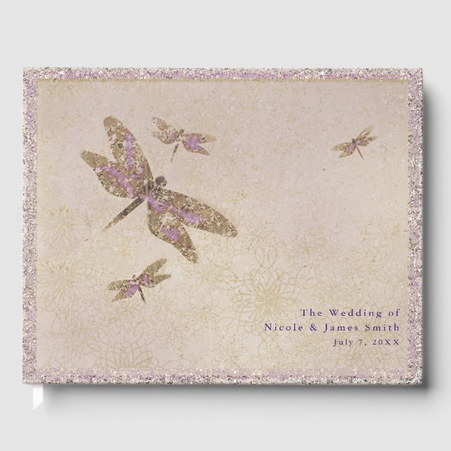 Purple & Gold Dragonflies Dragonfly Wedding Party Guest Book (Front)