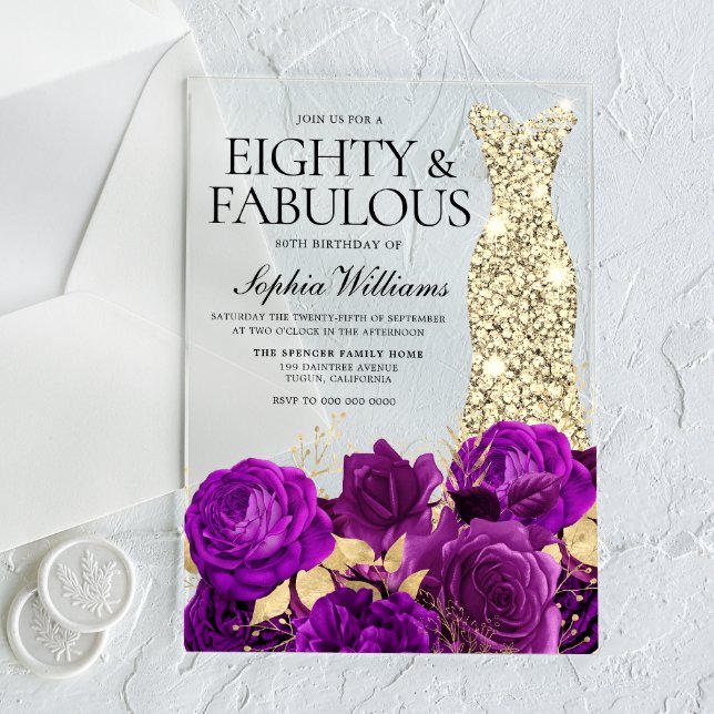 Purple & Gold Dress 80th Birthday Party Acrylic Invitations (Creator Uploaded)