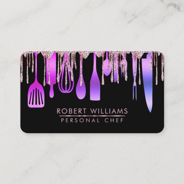 Purple Gold Drip Chef Kitchen Tools Glitter Faux  Business Card (Front)