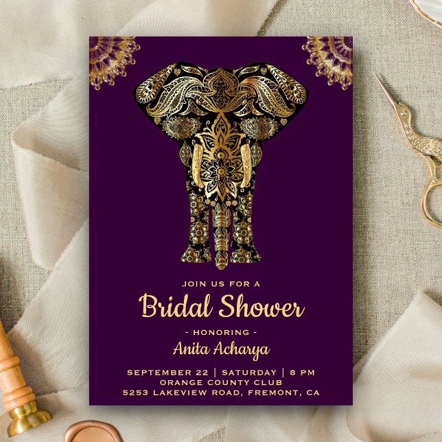 Purple Gold Elephant Indian Bridal Shower Invite (Creator Uploaded)