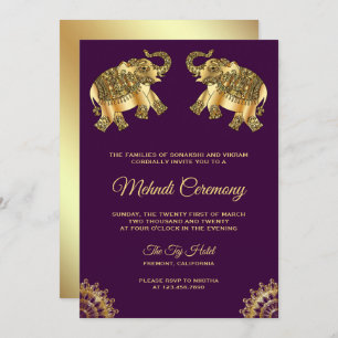 Purple Gold Elephants Indian Henna Mehndi Ceremony Invitation