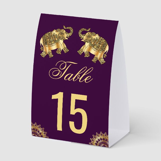 Purple Gold Elephants Indian Wedding Table Number (Front)