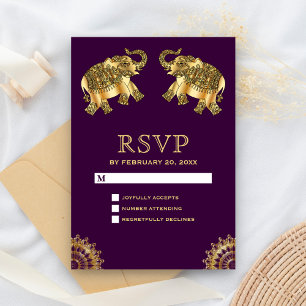 Purple Gold Ethnic Elephants Indian RSVP Card