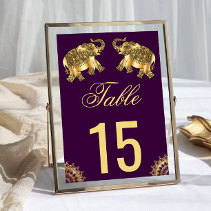 Purple Gold Ethnic Elephants Indian Wedding Table Number