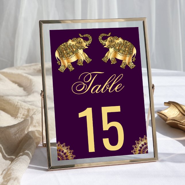 Purple Gold Ethnic Elephants Indian Wedding Table Number (Creator Uploaded)