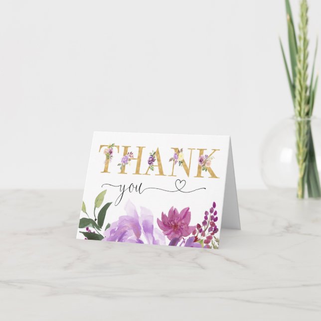Purple gold faux floral watercolors thank you card (Front)