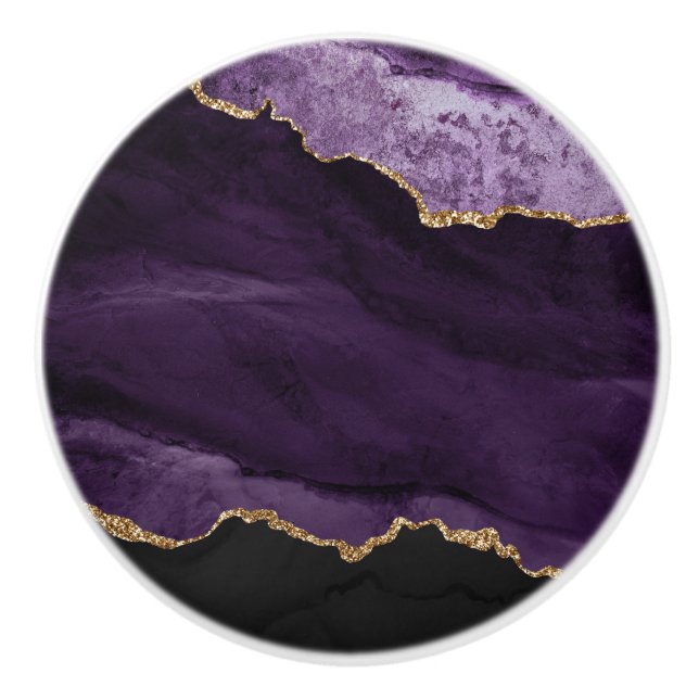 Purple Gold Faux Glitter Agate Geode Ceramic Knob (Front)