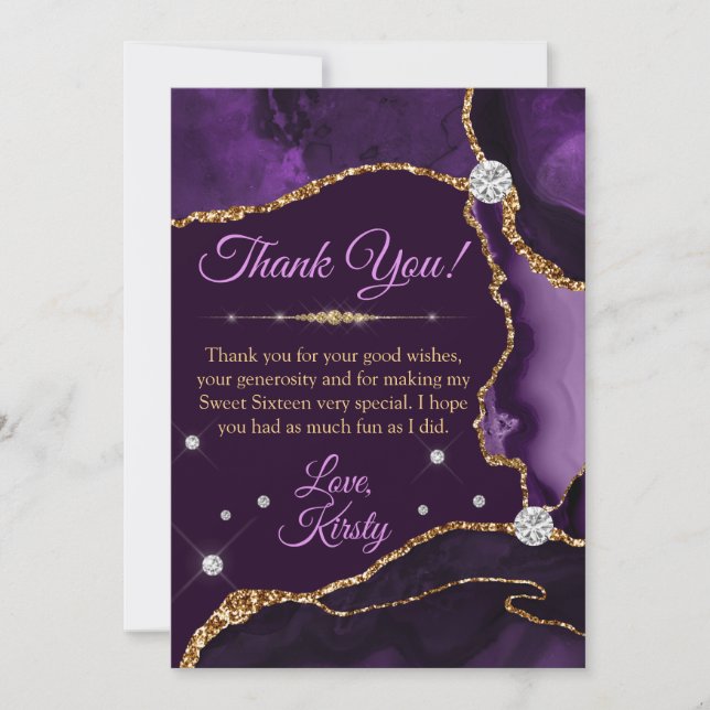 Purple & Gold Faux Glitter Agate Sweet 16 Thank You Card (Front)