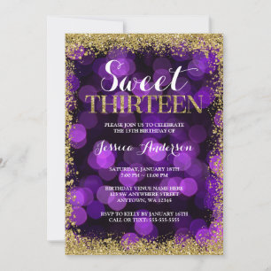 Purple Gold Faux Glitter Lights Sweet 13 Birthday Invitation