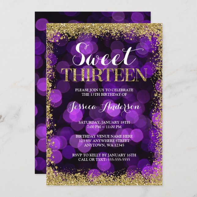 Purple Gold Faux Glitter Lights Sweet 13 Birthday Invitation (Front/Back)