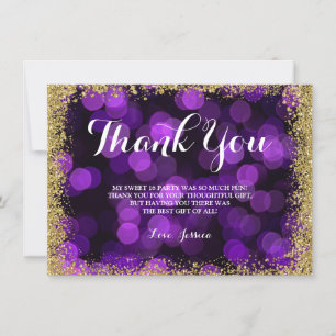 Purple Gold Faux Glitter Lights Sweet 16 Thank You Card