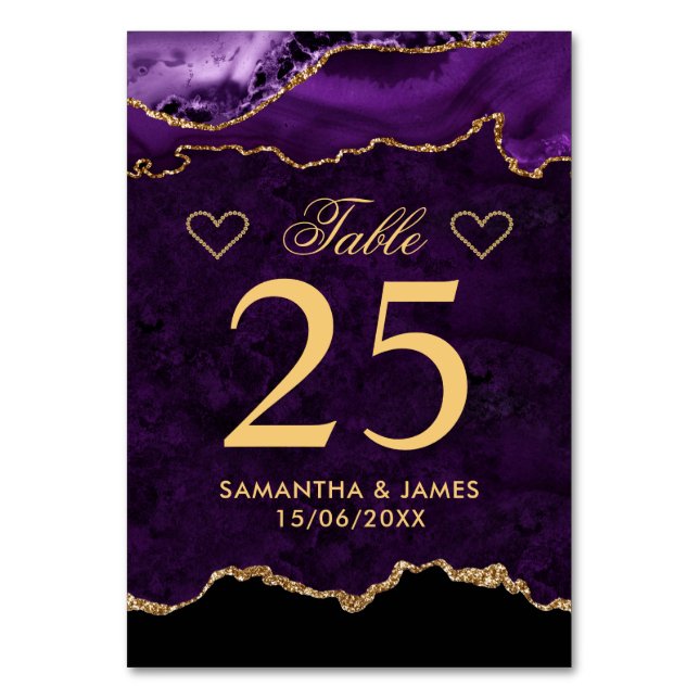 Purple & Gold Faux Glitter Marble Agate Wedding Table Number (Front)