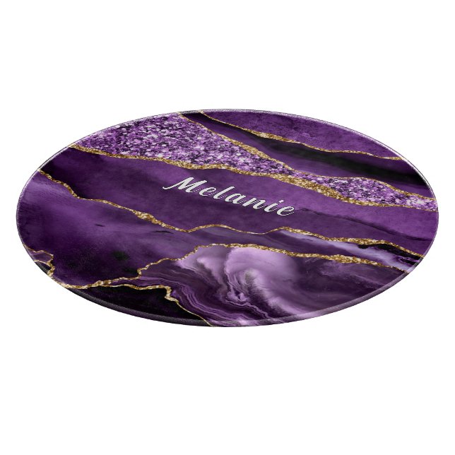 Purple Gold Faux Marble Custom Name Cutting Board (Corner)