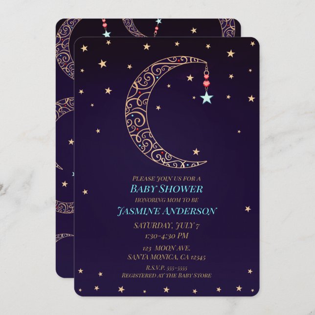 Purple Gold Filigree Moon Celestial Baby Shower Invitation (Front/Back)