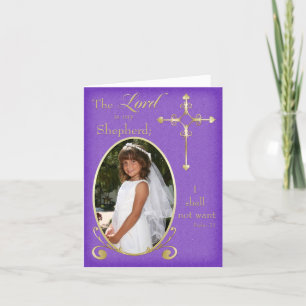 Purple Gold First Communion Photo Thank You Card