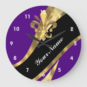 Purple & gold fleur de lys large clock