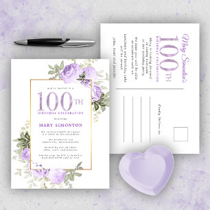 Purple Gold Floral 100th Birthday Party Invitation