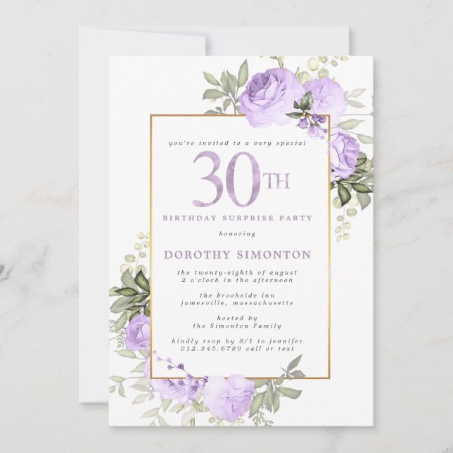 Purple Gold Floral 30th Birthday Surprise Party Invitation (Front)