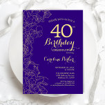 Purple Gold Floral 40th Birthday Party Invitation<br><div class="desc">Purple Gold Floral 40th Birthday Party Invitation. Minimalist modern design featuring botanical outline drawings accents,  faux gold foil and typography script font. Simple trendy invite card perfect for a stylish female bday celebration. Can be customised to any age. Printed Zazzle invitations or instant download digital printable template.</div>