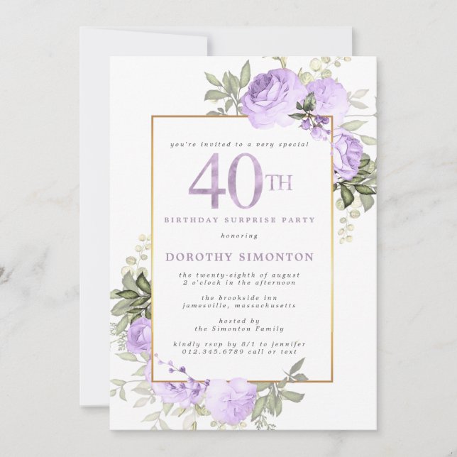 Purple Gold Floral 40th Birthday Surprise Party Invitation (Front)
