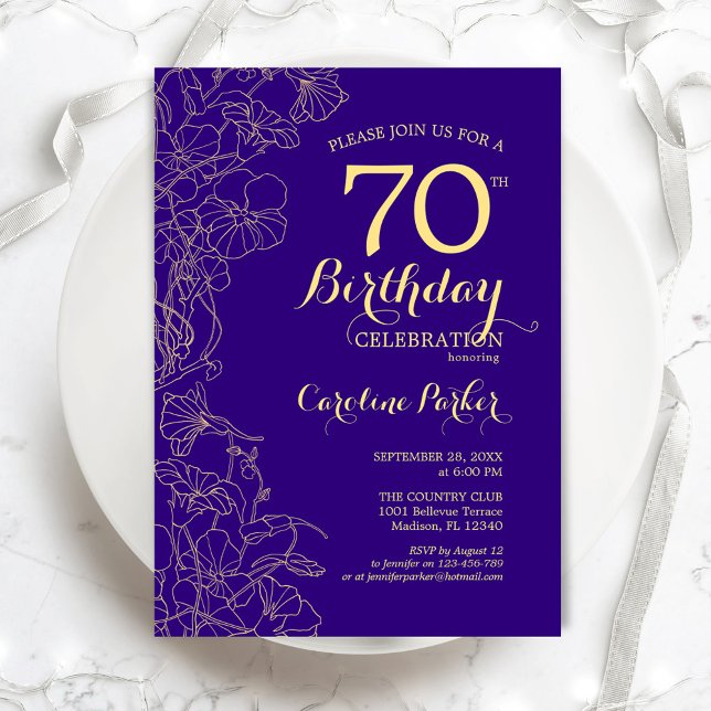 Purple Gold Floral 70th Birthday Party Invitation (Creator Uploaded)