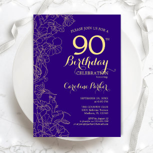 Purple Gold Floral 90th Birthday Party Invitation