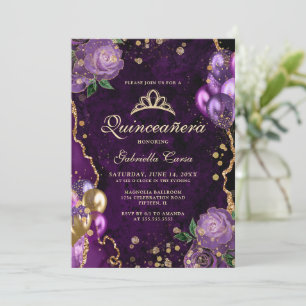 Purple Gold Floral Agate Photo Quinceanera  Invitation