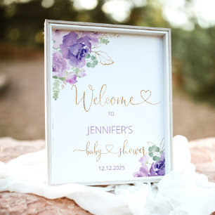 Purple gold floral baby shower welcome poster