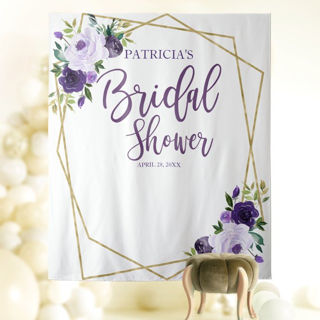Purple Gold Floral Bridal Shower Backdrop Tapestry (Creator Uploaded)