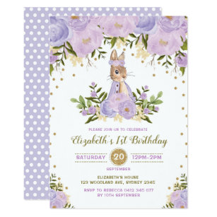 Purple Gold Floral Bunny Birthday Invite Woodland