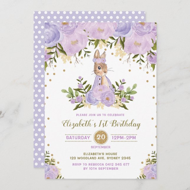 Purple Gold Floral Bunny Birthday Invite Woodland (Front/Back)